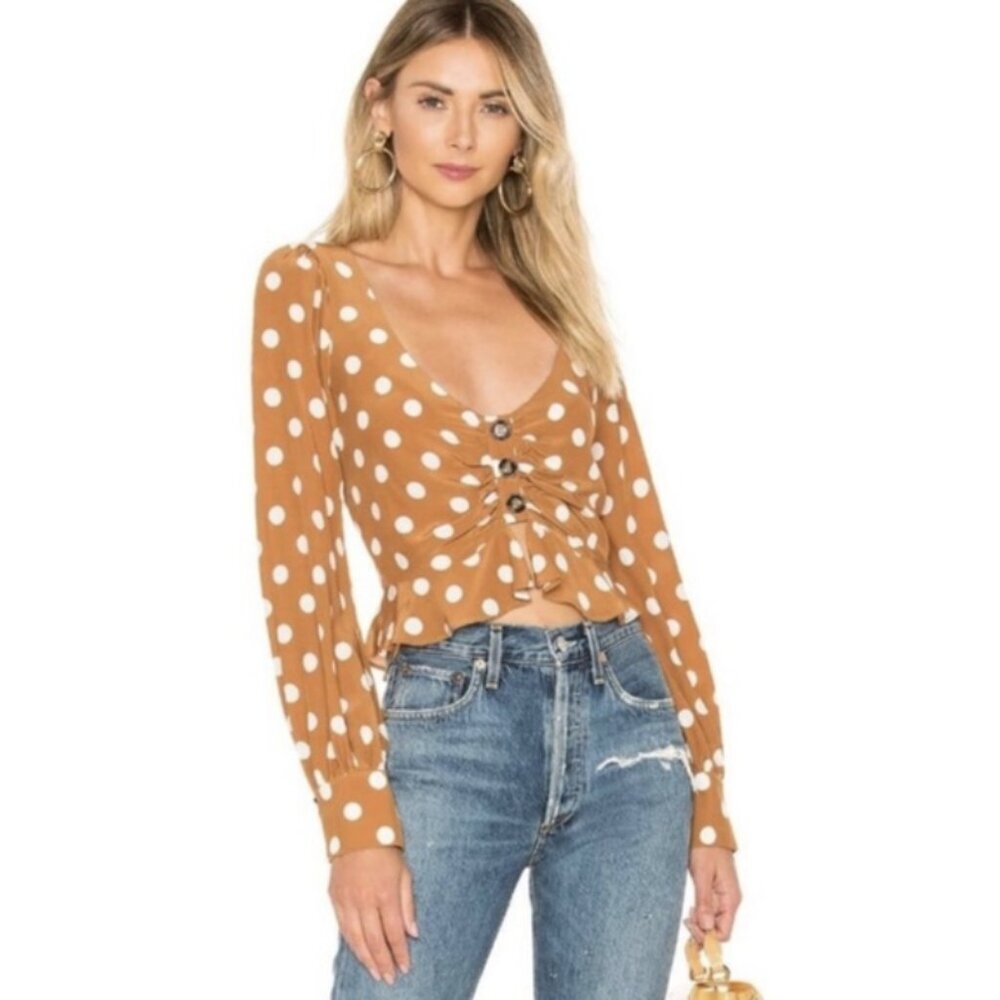 FOR LOVE & LEMONS Isabella Cropped Blouse in Mustard Polka Dot - Size XS